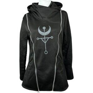 Womens Black Asymmetric Zip Occult Sigil Hooded Longline Sweatshirt Jacket Large
